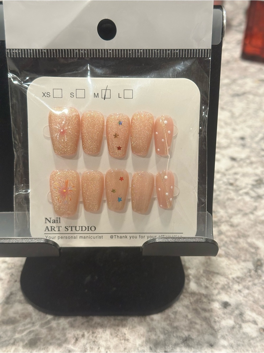 Peach Glitter Press-On Nails with Star & Polka Dot Accents